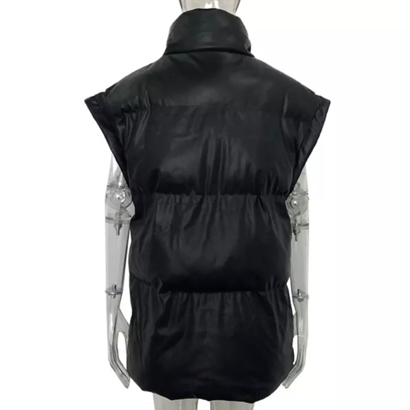 Kimberly Puffer Vest, Quilted Cap Sleeve Collar Faux Leather Long Vest - Picture 6 of 9